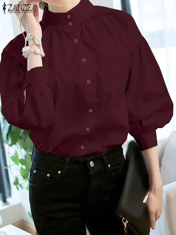 

Casual Long Sleeve Blusas Female O Neck Tunic OL Chemise ZANZEA 2022 Stylish Women Solid Buttons Blouses Spring Tops Oversized
