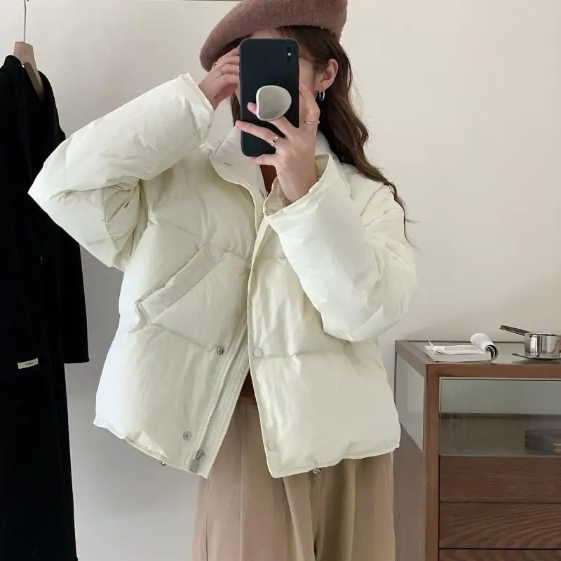 Women Winter 2023 New Vintage Korean Solid White Duck Down Jackets Fashion Casual Long Sleeve Loose Warm Coats Clothing V62