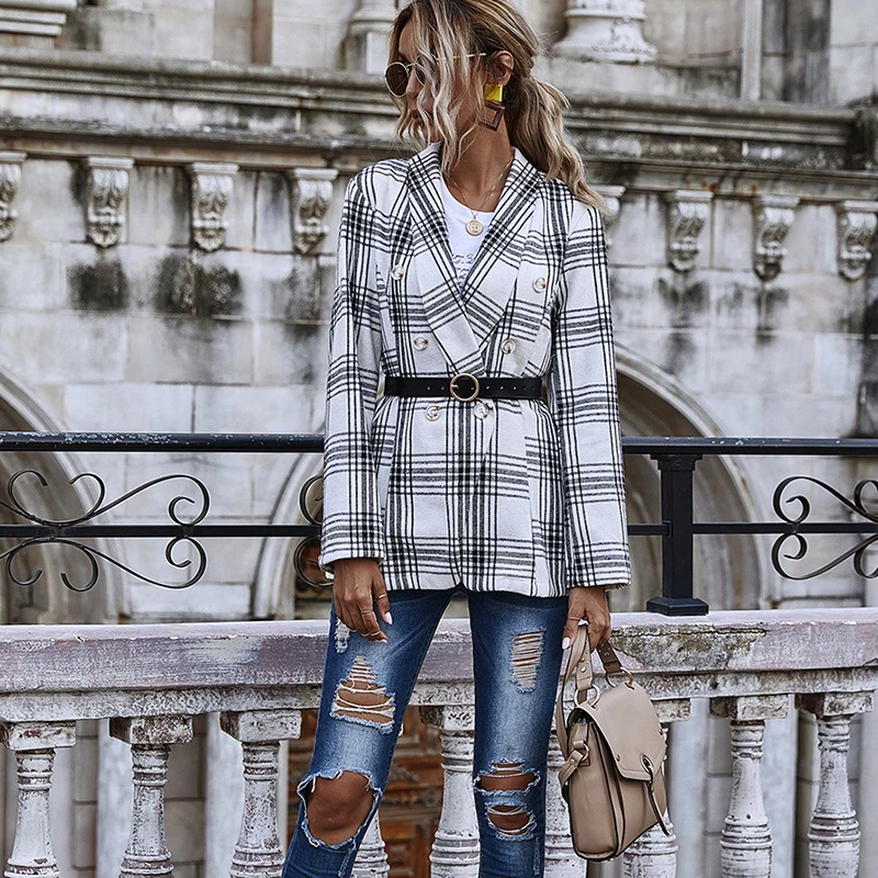 Elegant Slim Check Plaid Blazer Spring and Autumn Double-breasted Lapel Collar Fashion Long Sleeve Casual Office Lady (No Belt)