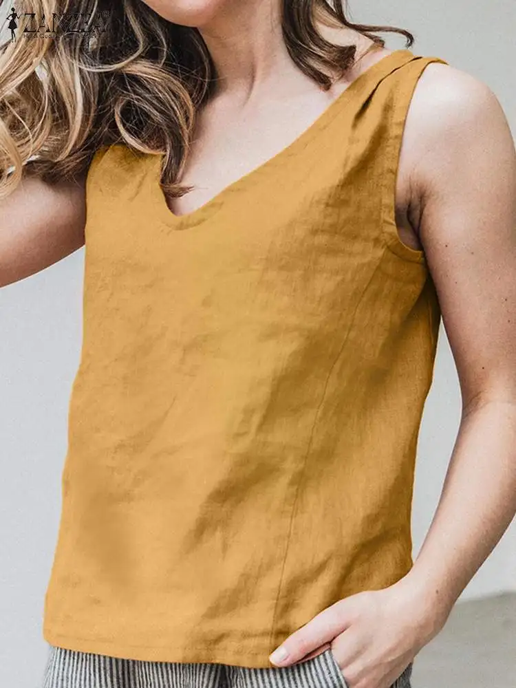 

ZANZEA Elegant Vest Tank Tops Women Summer V-Neck Sleeveless Thin Cotton Solid Blouse Fashion Causal Holiday Beach Shirt 2022