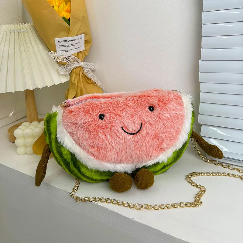New Funny Red Watermelon Coin Bag Women Plush Small Bag Fashion Girls Chain Small Phone Bags