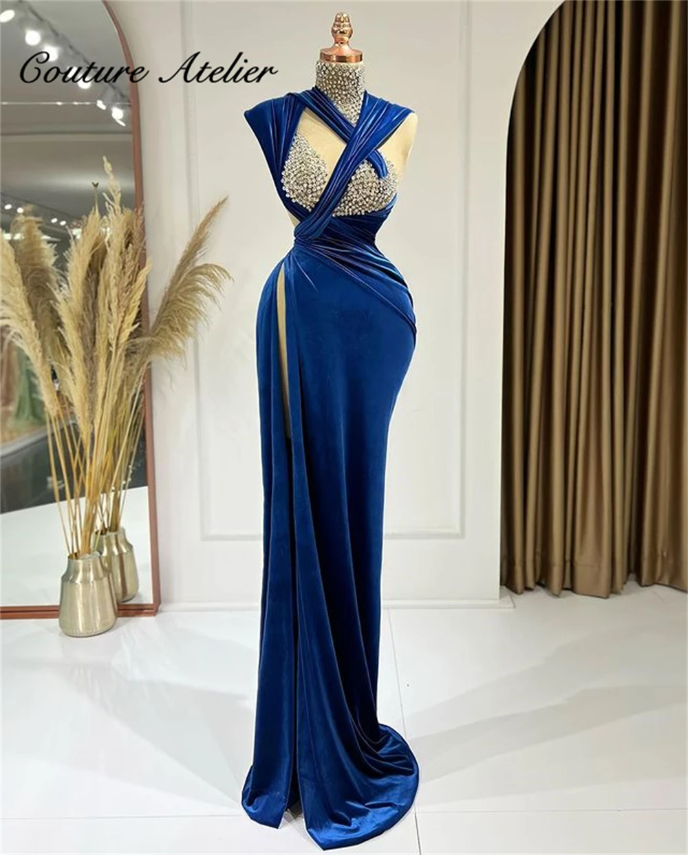 

Dark Blue Velvet Luxury Evening Dresses 2023 High Slit Prom Gowns Beaded Formal Dress Ladies Dresses For Special Occasions robe