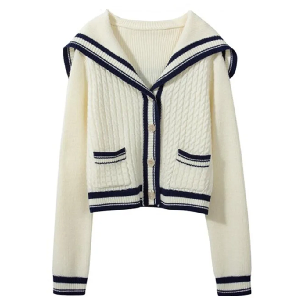 

White Striped Cardigan Women Winter 2023 Fashion Thick Warm Sweater Tops For Women Sweet Knitted Cropped Sailor Collar Cardigans