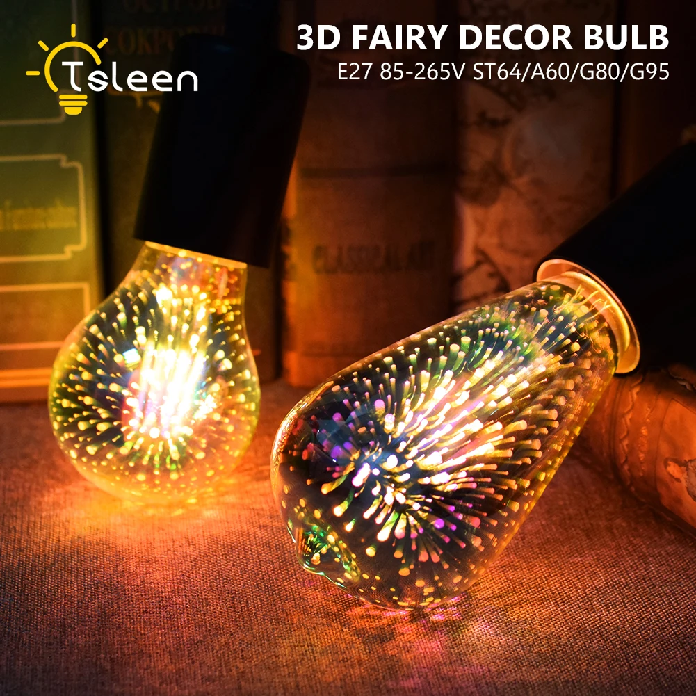 

3D Colorful LED Edison Light Bulb E27 85V-265V Vintage Fireworks Decoration Bulb ST64/A60/G80 Christmas Ampoule LED Lamp Light