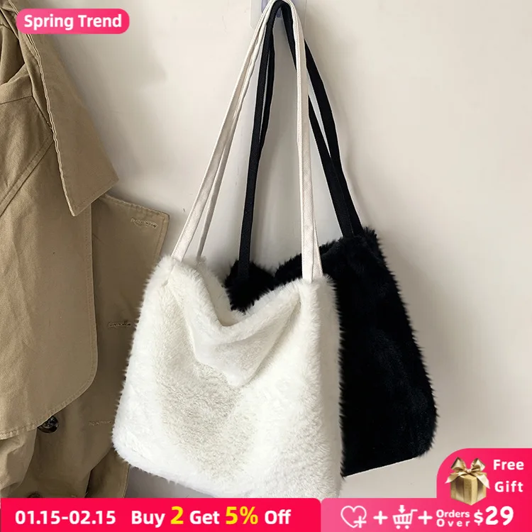 

Soft Plush Women Purse Handbags Winter Fashion Girls Student Cute Shoulder Bag Solid Color Ladies Furry Shopping Bag Casual Tote