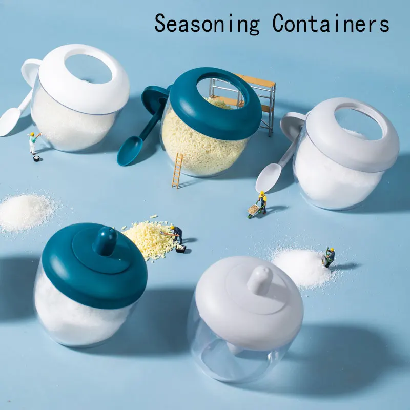 

Transparent Creative Japanese Kitchen Circular Moisture-proof Dust Spice Jar Seasoning Containers With Spoon Food Grade Plastic