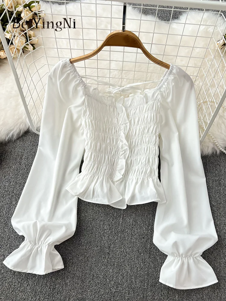 

Sexy Luxury Crop Top Women Y2K Fahion Lace-up Full leeve hirt Ladie Elegant Retro Plain Chiffon Elatic Blua