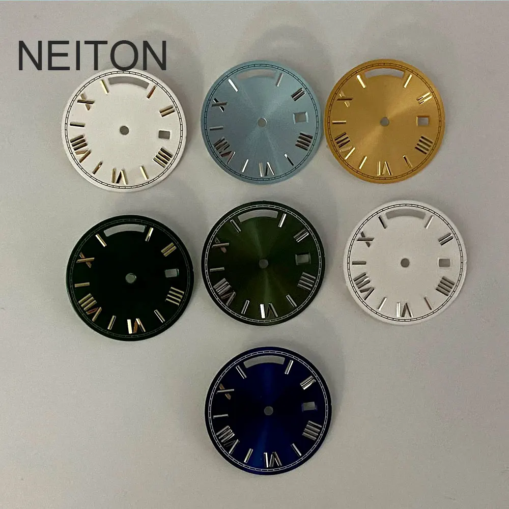 Фото NEITON Зеленый, черный, белый, синий, золотой циферблат для часов 28,5 мм, светящийся логотип/дизайн, подходит для дня и даты, st1644, циферблат для часов с механизмом №5