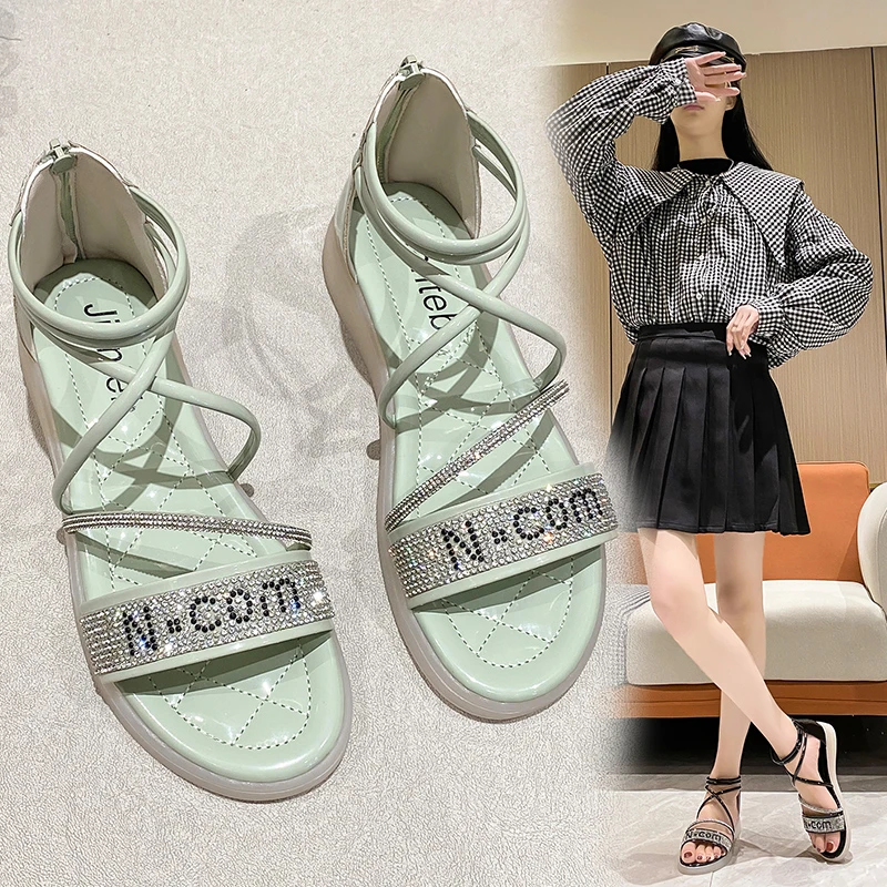 

2022 Summer New Korean Fashion Womens Shining Rhinestone Princess Shoes Trend Soft Sole Women Sandals Bling Open Toe Shoes