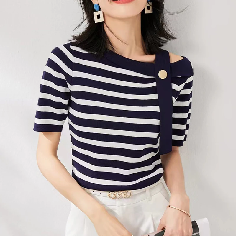 

Short Sleeve Ice Silk Women T Shirt Summer 2023 New Korean Style Tshirts Striped Knitted Top Female Off Shoulder Tee Shirt Femme