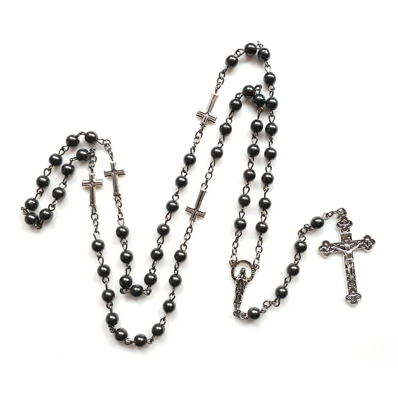 

QIGO Vintage Hematite Rosary Catholic Long Jesus Cross Virgin Necklace Pendant For Men Women Religious Jewelry