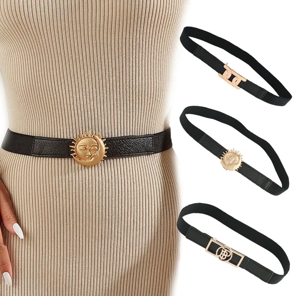 

Elastic PU Leather Metal Buckle Cross Letter Korean Waistbands Coat Decoration Moon Waist Belts Women Dress Waist Belts