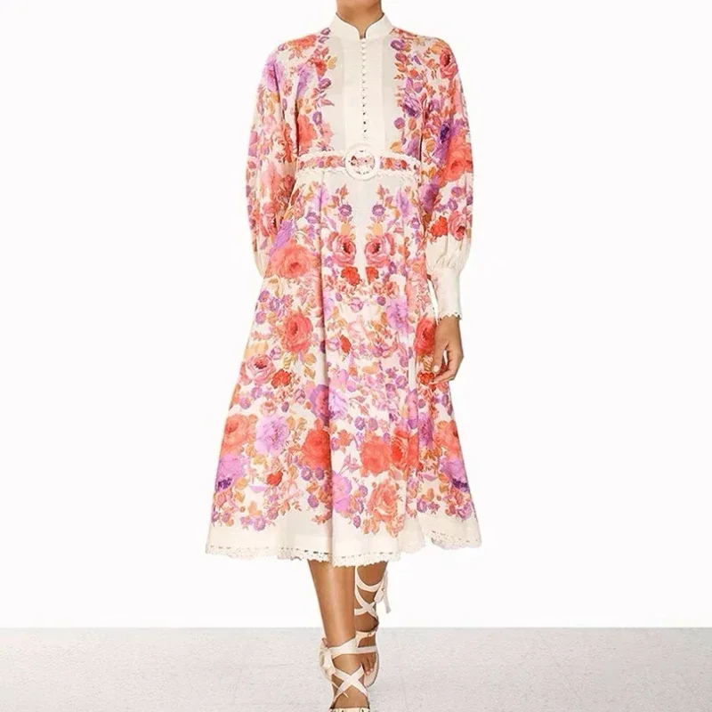 

2023 Top Quality Latest Collection Spring Autumn Pink Floral Printing Hook Flower Hollow Patchwork Midi Dress Women