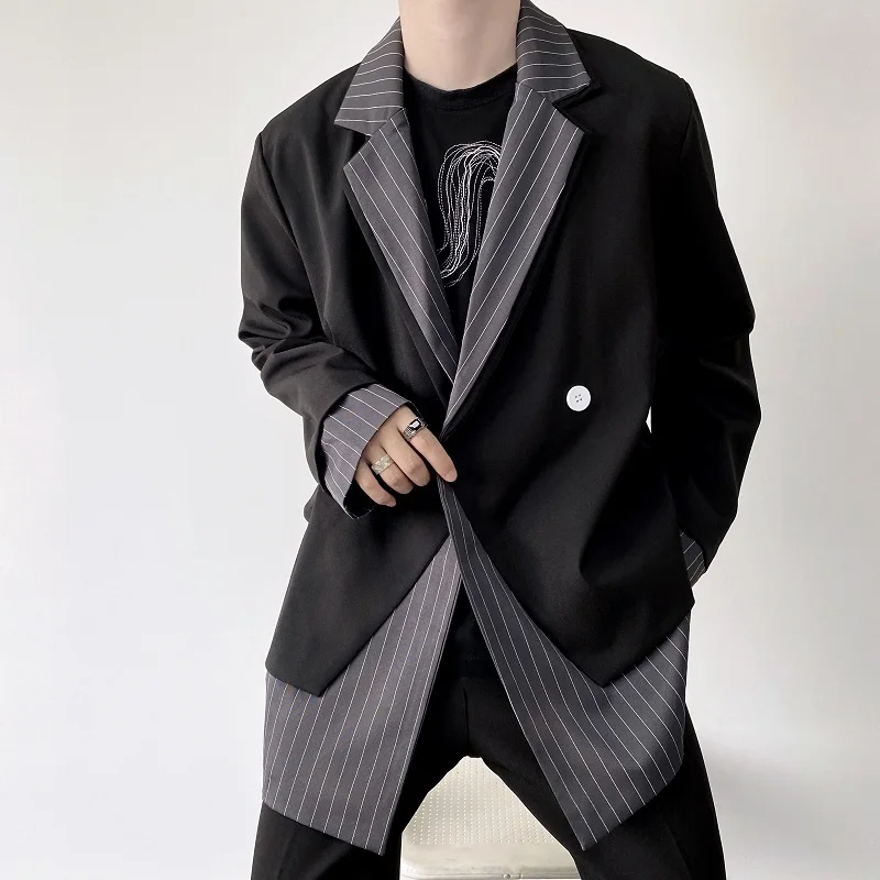 Male Japan Korean Vintage Fashion Dress Suit Coat Blazers Men Gray Stripe Splice Black Loose Casual Suit Jacket Blazer Man