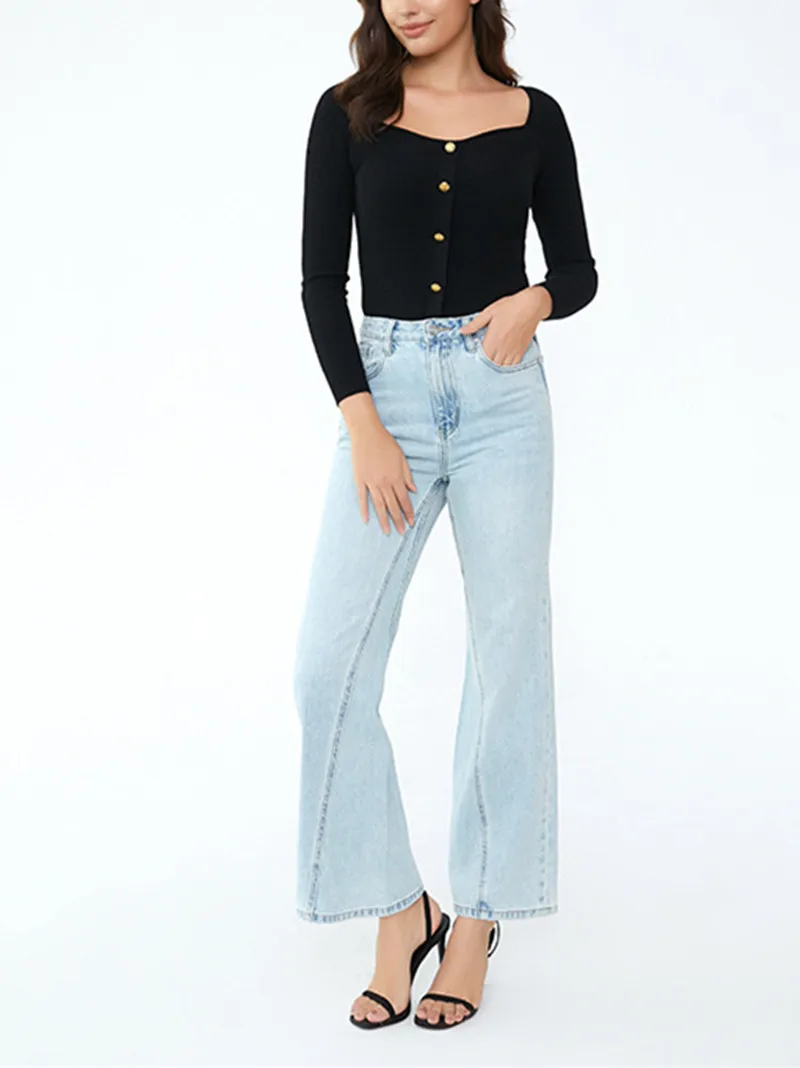 

Women's Twist Sewn Denim Pants High Waist Solid Color Loose Cotton Female Long Flared Jeans Spring Summer 2023