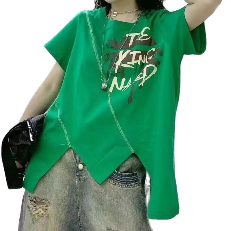 

Irregular Women's T-shirt 2022 Summer New Loose Cotton Short-sleeved Top Tees Hiphop Casual Solid Loose Women Clothing XC111