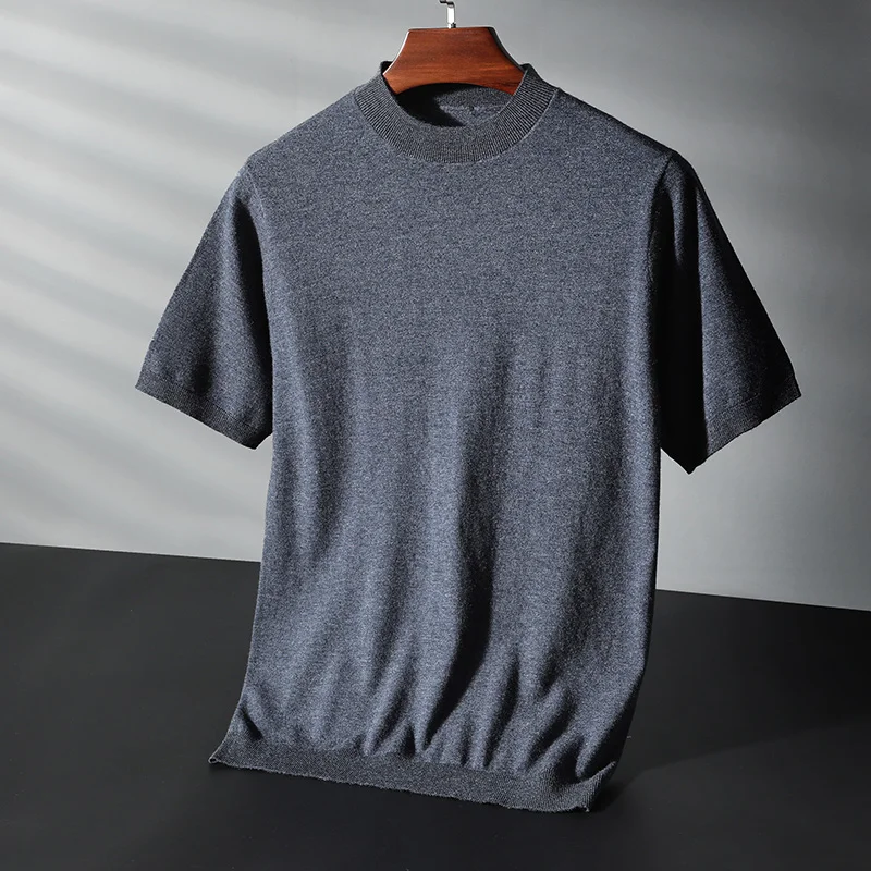 

Spring and Summer Men's Pullover 100 Pure Wool Sweater Sweater with Short Sleeves Trendy round Neck Knitted Thin T-shirt Top