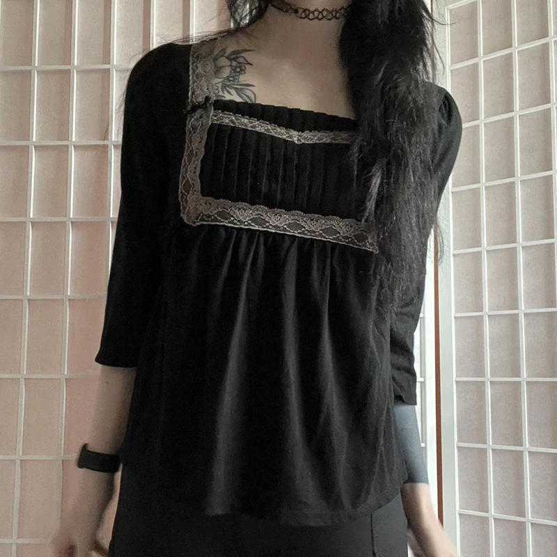 

Kawaii Coquette Grunge T-shirt Lace Trim Square Collar Half Sleeve Milkmaid Tees 00s Retro Y2K Aesthetic Tie Up Waist Crop Tops