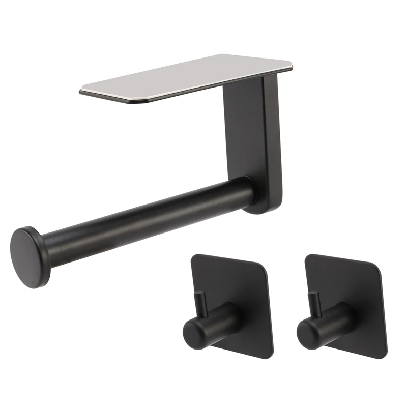 

Toilet Paper Holder - Black Adhesive Toilet Paper Holder With 2 Hooks, Inside Accessories For RV, Campers, Bathroom