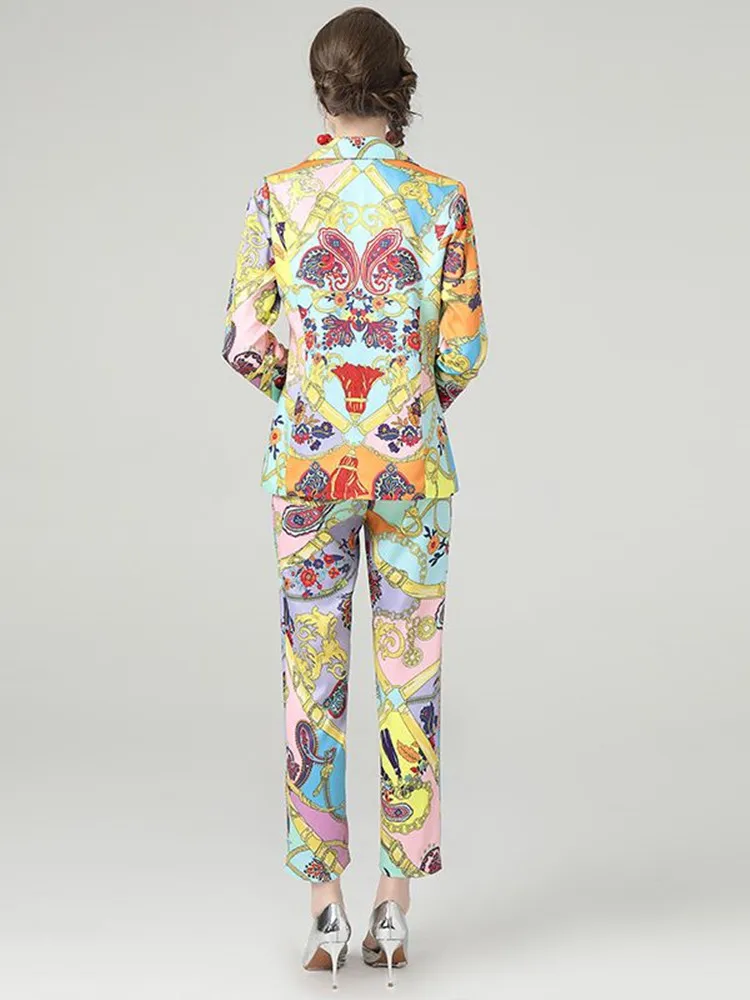 Женский брючный костюм с цветочным принтом пиджак на одной пуговице и