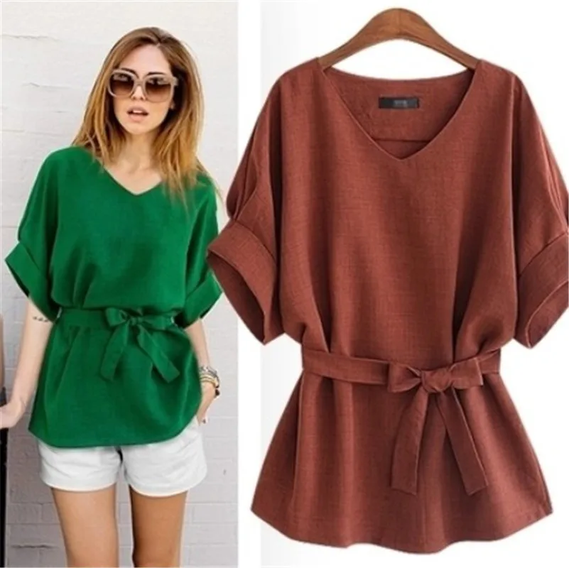 

2022 Summer Short Sleeve Women's T-Shirt Fashion V-Neck Bat Sleeve Plus Size Loose Waist Cotton and Hemp Shirt Women
