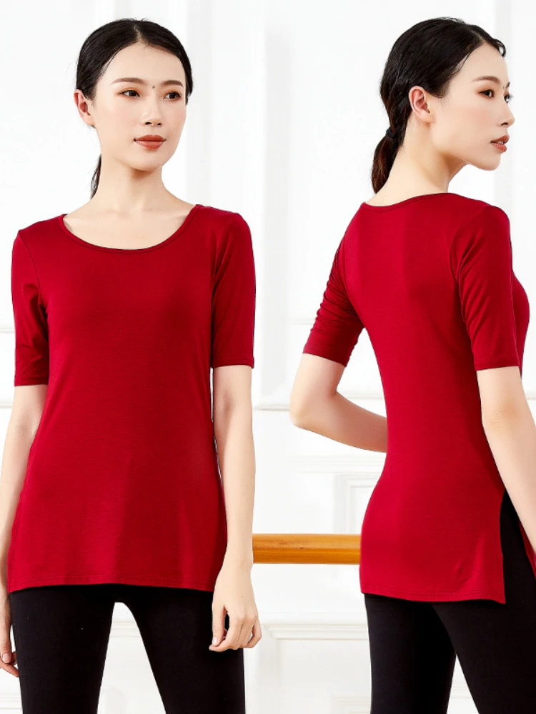

Tights modern dance practice clothes female adult yoga short-sleeved new side slit top classical dance body costumes