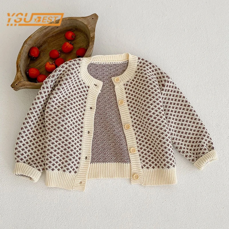 

Вязаный Кардиган с длинным рукавом для новорожденных мальчиков и девочек, осенний кардиган для маленьких девочек и мальчиков с принтом, пальто, детская одежда