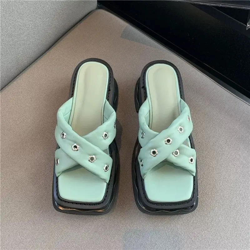 

2022 Summer Women Sandals Slippers Platform Shoes Rivet Outdoor Slippers High Heel Open Toe Square Toe Woman Shoes