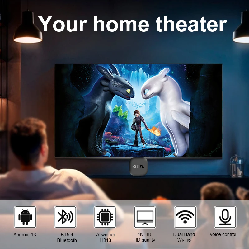 Фото ТВ-приставка ONN Smart TV Box на Android 13, ONN Allwinner H313, Mali-G31, с поддержкой голосового управления №2
