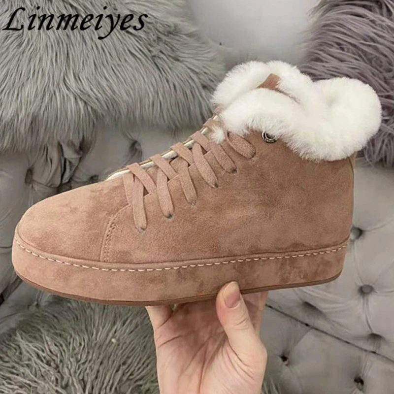 

Winter Shoes Women Wool Warm Snow Boots Round Toe Lace Up Casual Shoes Woman Fashion Fur Flat Sneakers Women Short Boots