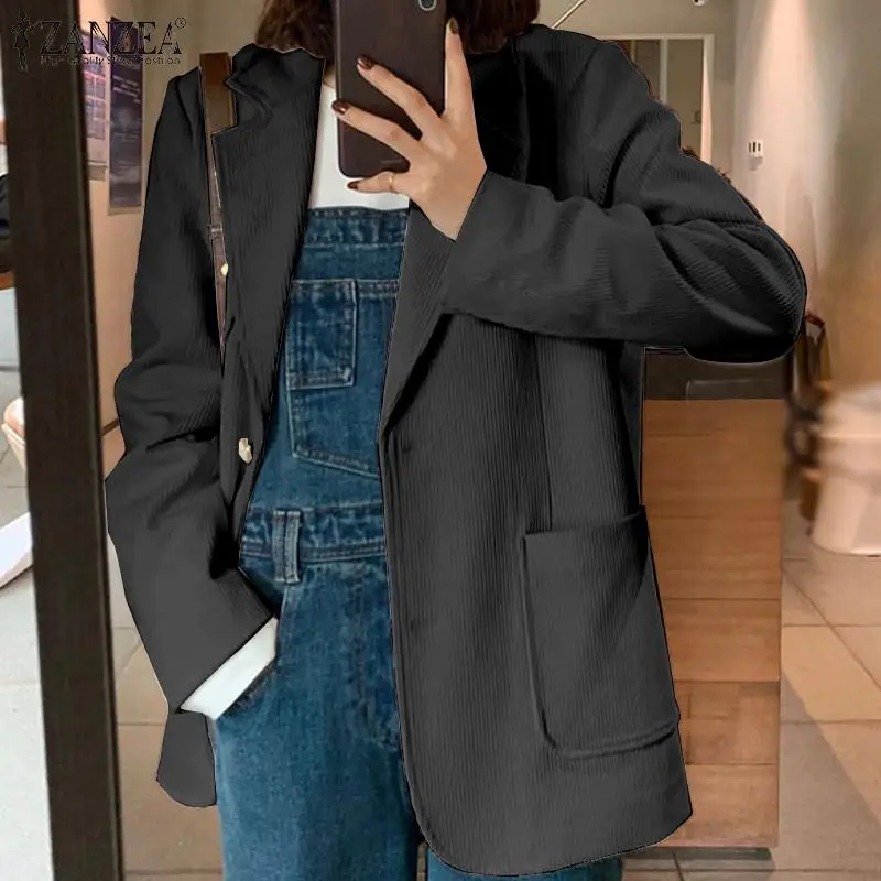 

Винтажные кардиганы ZANZEA с длинным рукавом, Женская однотонная Вельветовая верхняя одежда с лацканами, женские повседневные мешковатые кур...