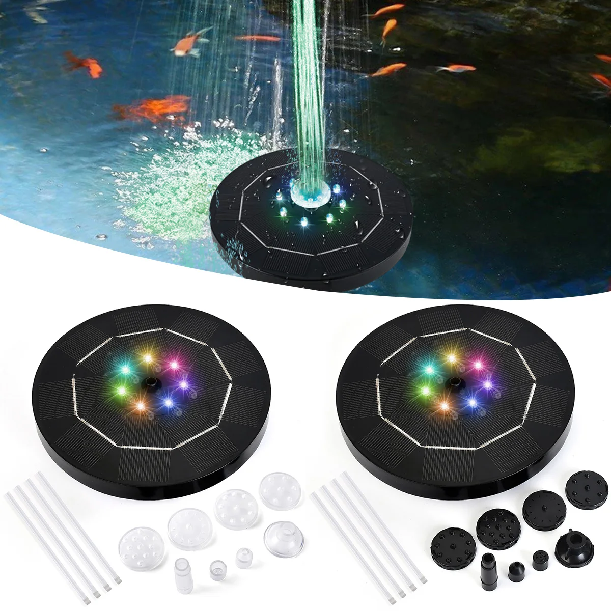 

16CM Round Solar Fountain Pump 3.5W Battery Powered Birdbath Fountain with 7LED Colorful Light Floating Garden Water Pump