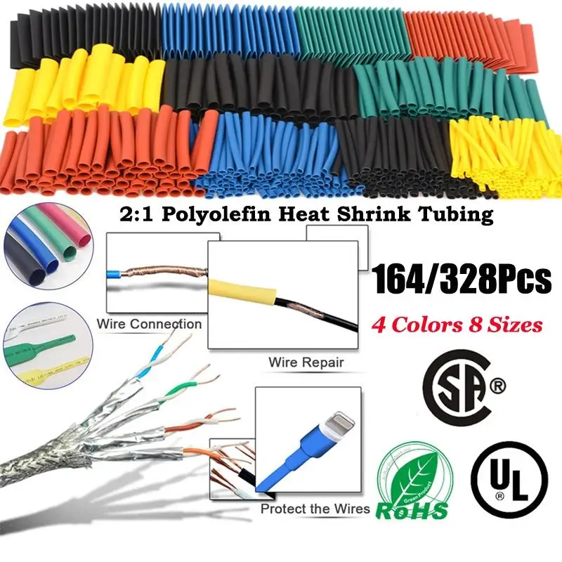 4Colors 8Sizes 164/328Pcs Set 2:1 Polyolefin Shrinking Assorted Heat Shrink Tube Protect Wrap Wire Cable Insulated Sleeving Tubi