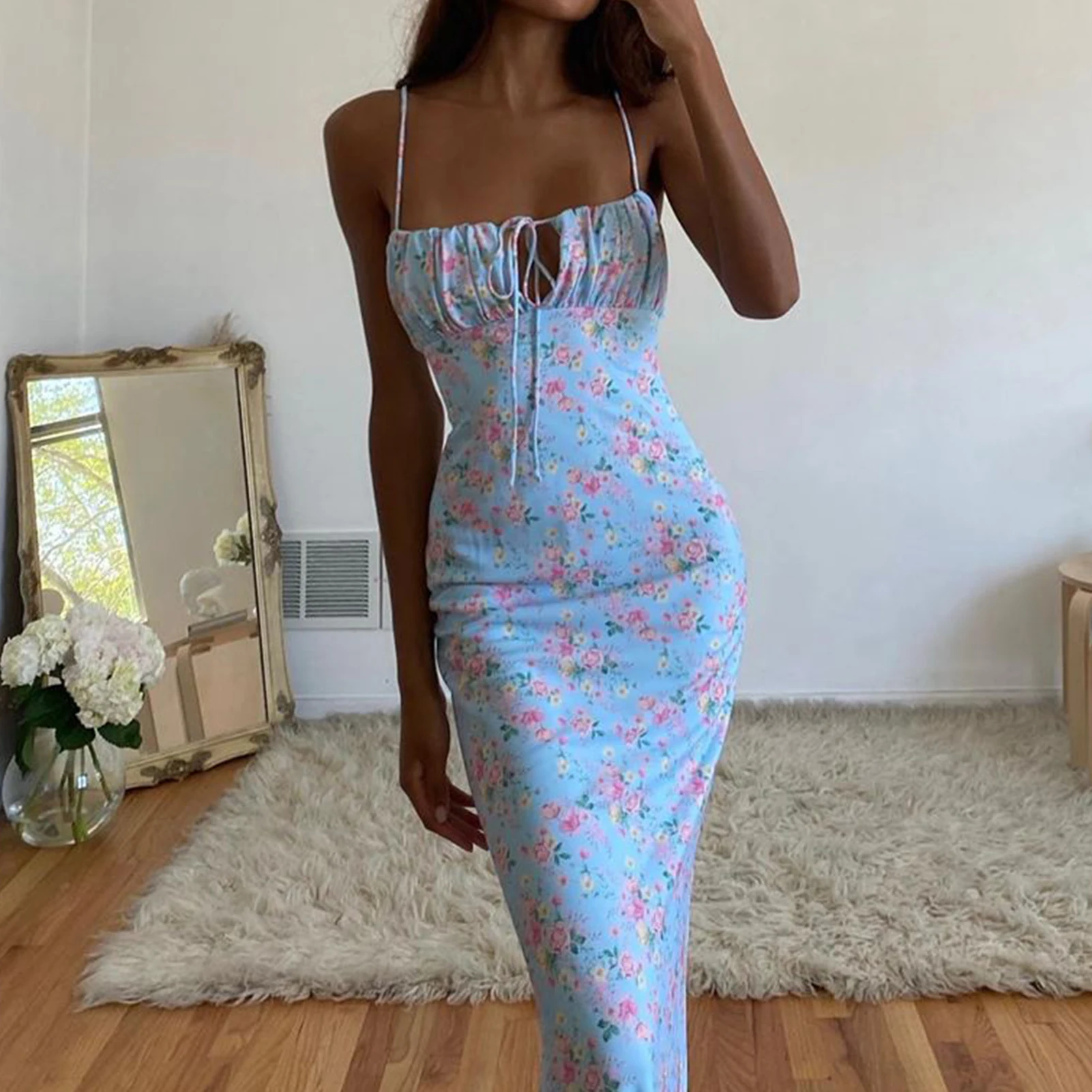 

Female Skinny Womens Summer Dresses Off Shoulder Sleeveless Maxi Dress Backless Hollow Out Spaghetti Strap Holidays Vacation