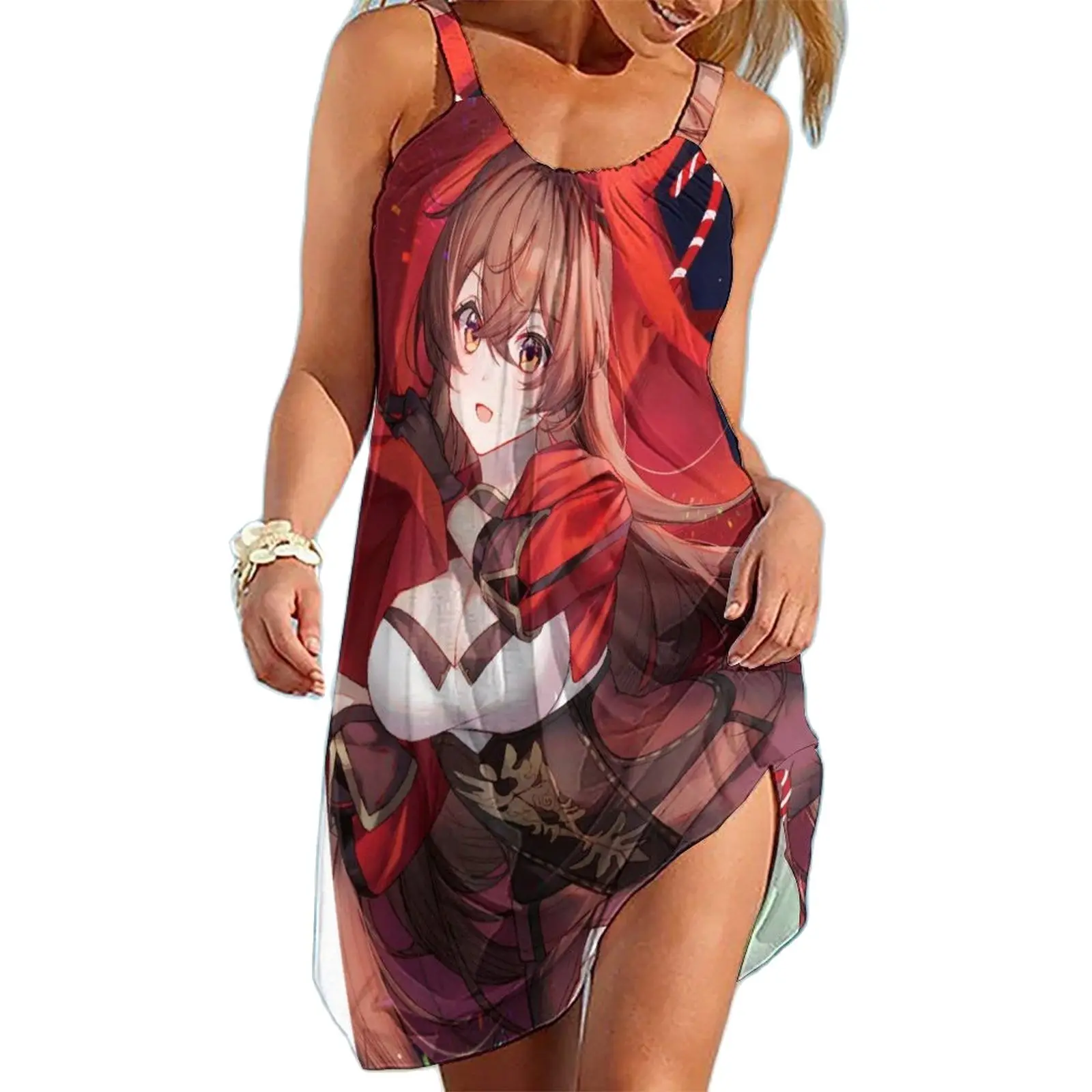 

Genshin Impact Anime KLEE Women Dress Cute Cartoon Character Sling Midi Sleeveless Dresses Boho Brand Streetwear Night Dress