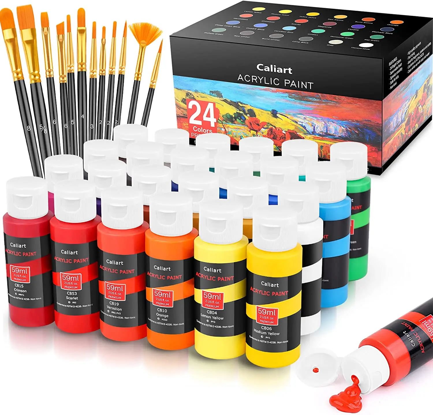 

Acrylic Paint Set With 12 Brushes, 24 Colors (59ml, 2oz) Art Craft Paints for Artists Kids Students Beginners & Painters, Canvas