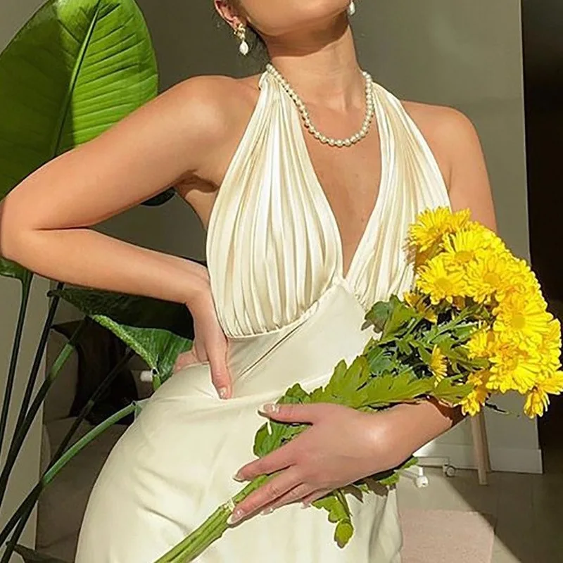 

Женское атласное платье-миди без рукавов, с V-образным вырезом и открытой спиной