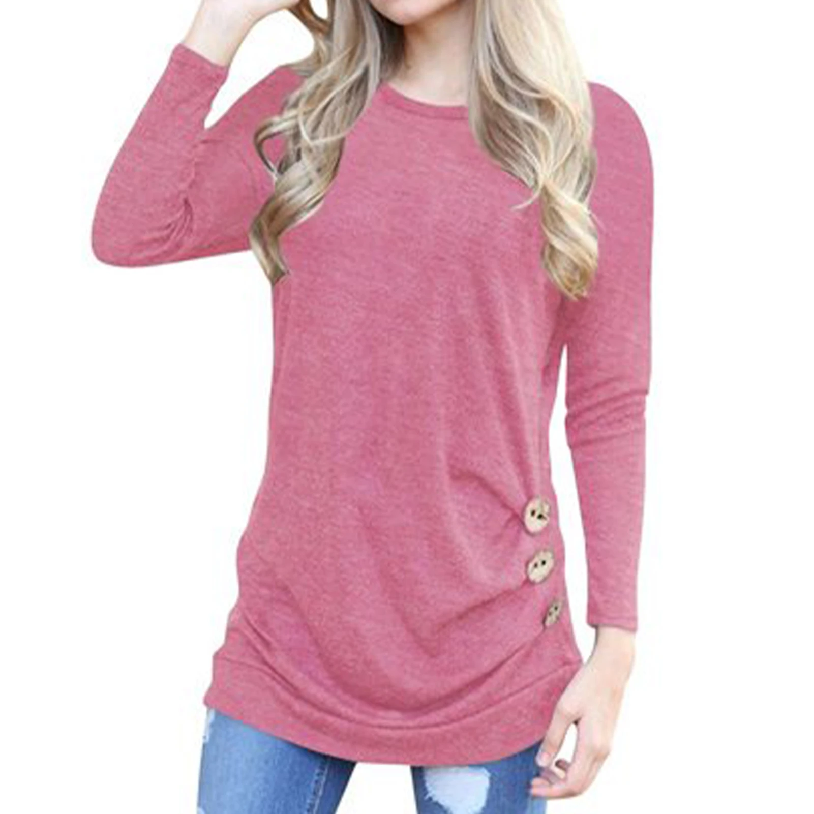 

Long Sleeve Soft Autumn Winter Solid Polyester Button Decor Crew Neck Pullover Loose Holiday Casual Fashion Women Shirt Daily