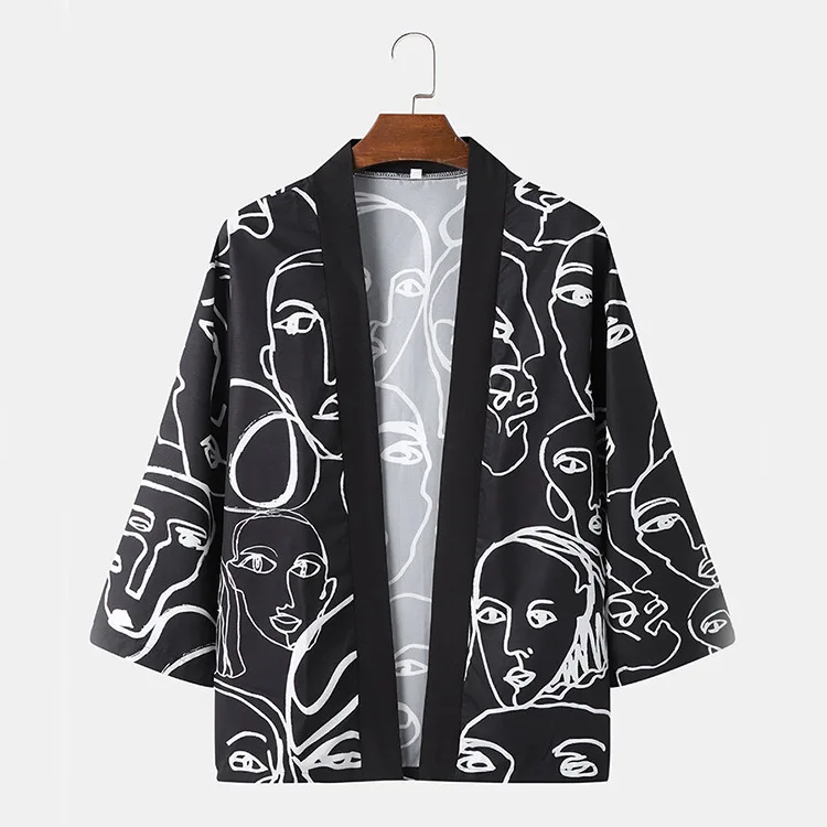 

Summer Japanese Kimono Cardigan For Women Men Harajuku Black Face Printing Three-quarter Sleeve Shirt Casual Loose Streetwear