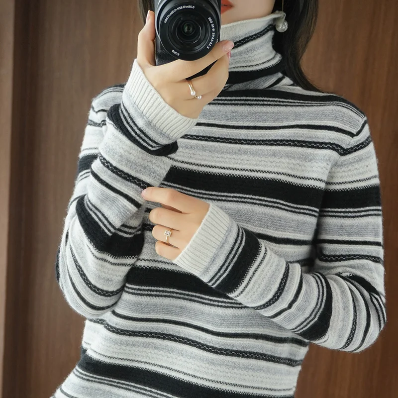 

Pile pile high collar cashmere sweater Pullover autumn and winter slim fit women wear long sleeved striped sweater Pullover knit