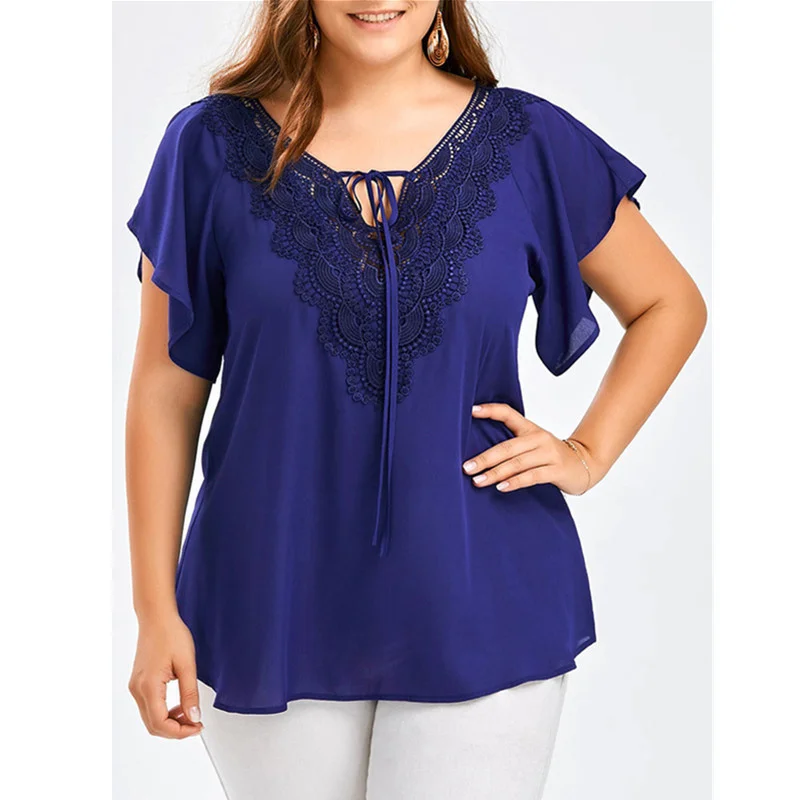 

Plus size Women Clothing T-Shirts Summer Short 5XL Sleeve Chiffon Pullovers Tops Lace V-Neck Fashion Blue T-Shirt Female Tees
