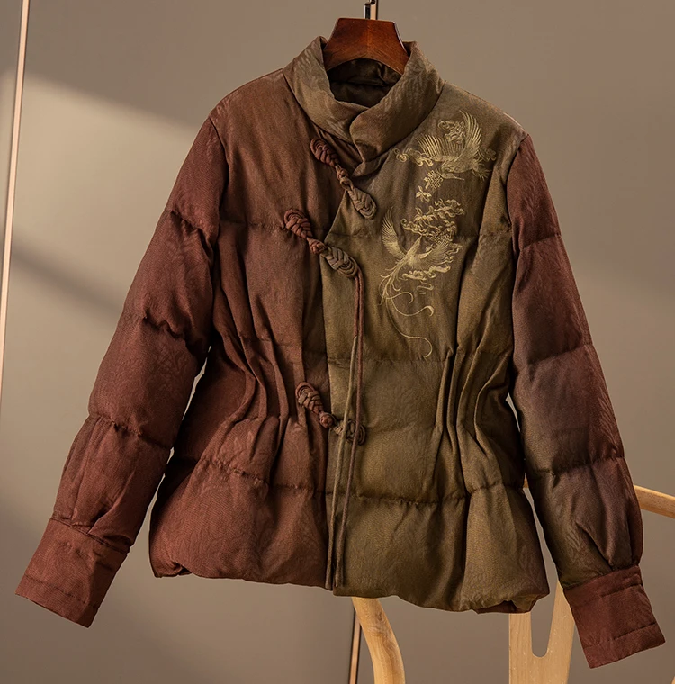 New Luxury Chinese Style  Embroidery  Casacos De Inverno Feminino  Down Jacket Women  85% White Goose Down Single Breasted Slim