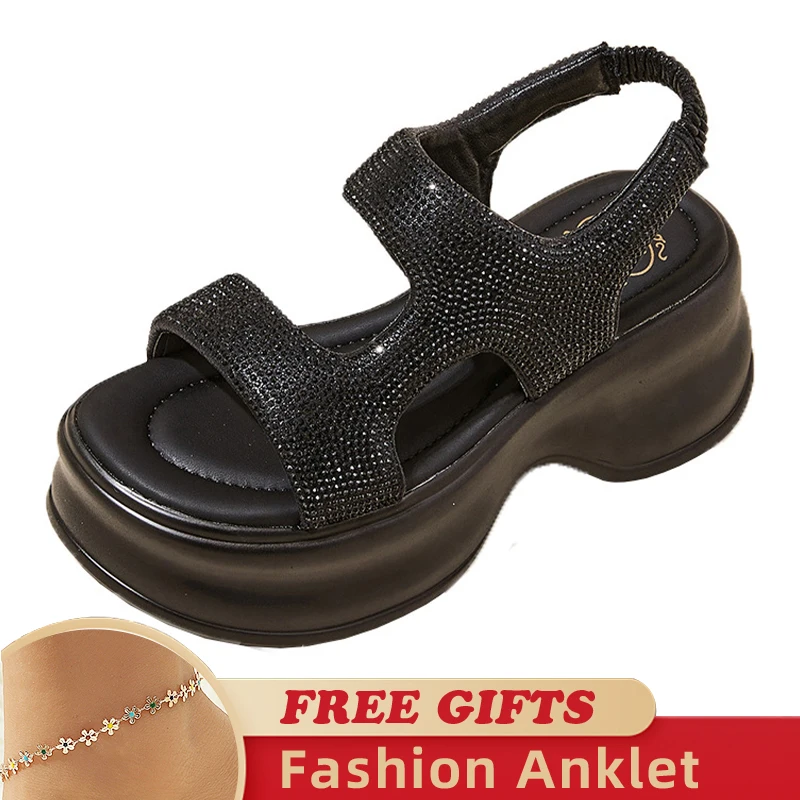 6CM Rhinestones Sandals Waterproof Platform Fashion Roman Sandals Summer Outdoor Slides 2023 New Ladies Shoes Female Shoes