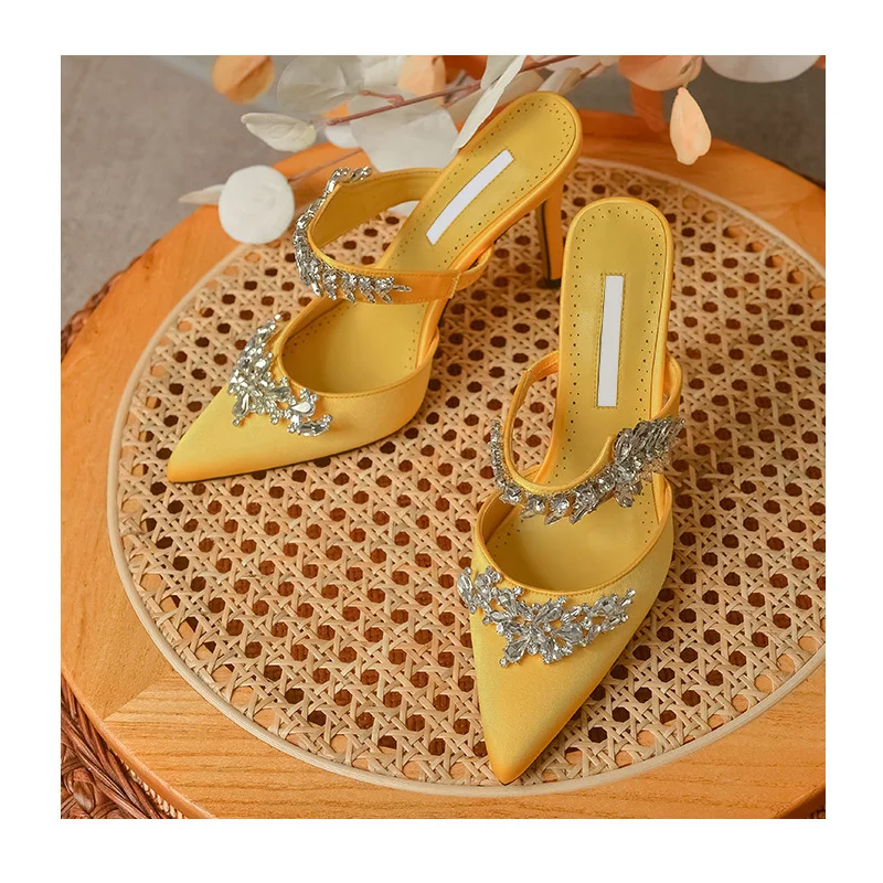 New Mules Shallow Pointed Toe, Black Silk Face Wheat Ear Rhinestones Wedding Parties Casual Fashion Sandals  Heels Women