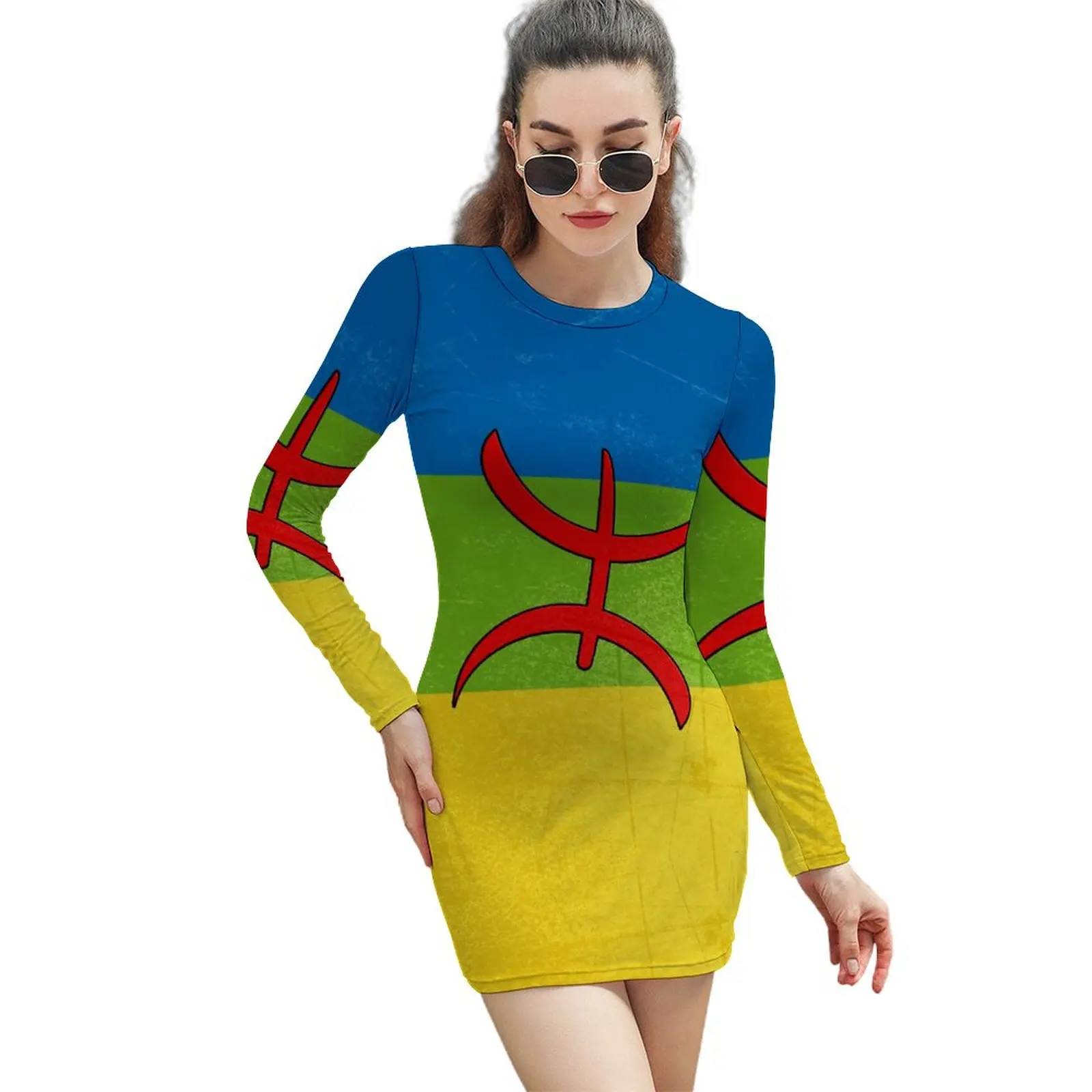 

Amazigh Flag Berber Flag(0002) Long-sleeved Sheath Dress Hot Sale Sexy Woman's Dress Humor Graphic Clubs Dress