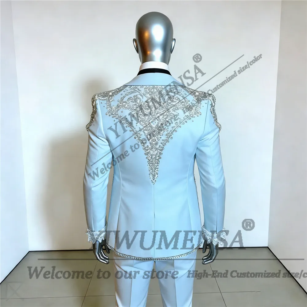 Фото Изысканный мужской костюм со стразами и бисером, наряд для свадьбы, комплект из трех предметов, блестящий пиджак с лацканами и блестками, брюки, индивидуальные смокинги для жениха №2