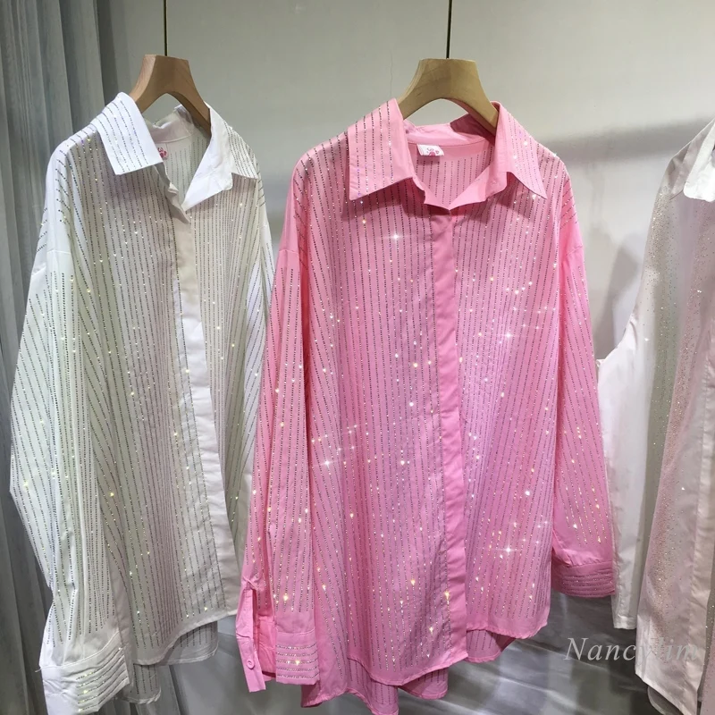 

Shinny Rhinestones Shirts for Women Heavy Embroidery Hot Drilling Lapel Mid-Length Loose All-Matching Long Sleeve Blusas Tops