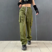 weiyao retro green streetwear cargo pants pockets mid waist harem pant casual 90s baggy trousers women korean fashion outfits