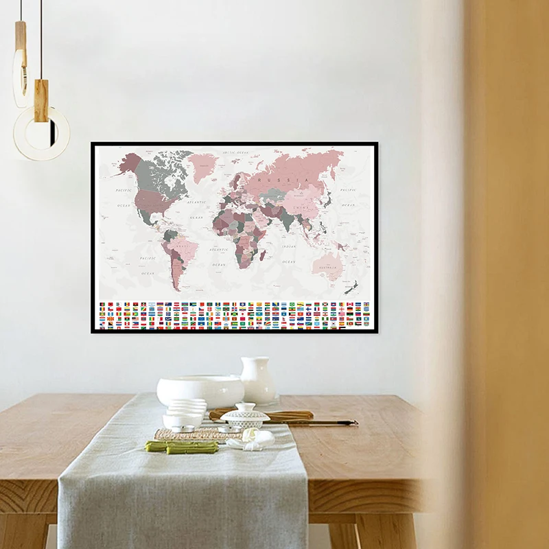 

84*59cm Map of The World with National Flags Retro Wall Art Poster Spray Canvas Painting Classroom Home Decor School Supplies