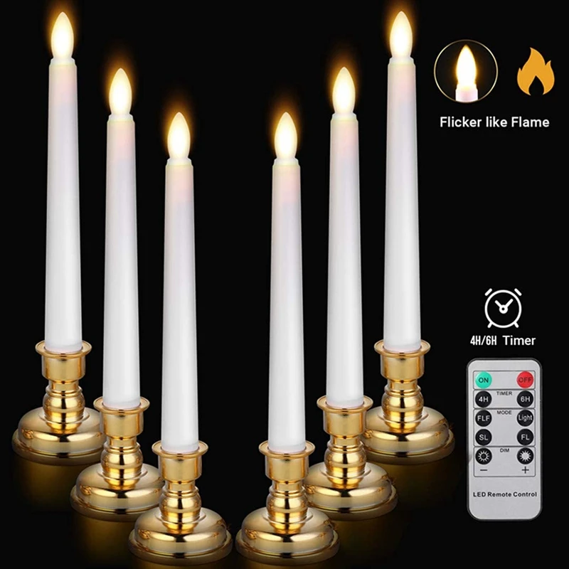 

6 Pack LED Window Candles With Removable Candle Holders Operated Flameless Taper Candles With Remote Timer(Gold Base)